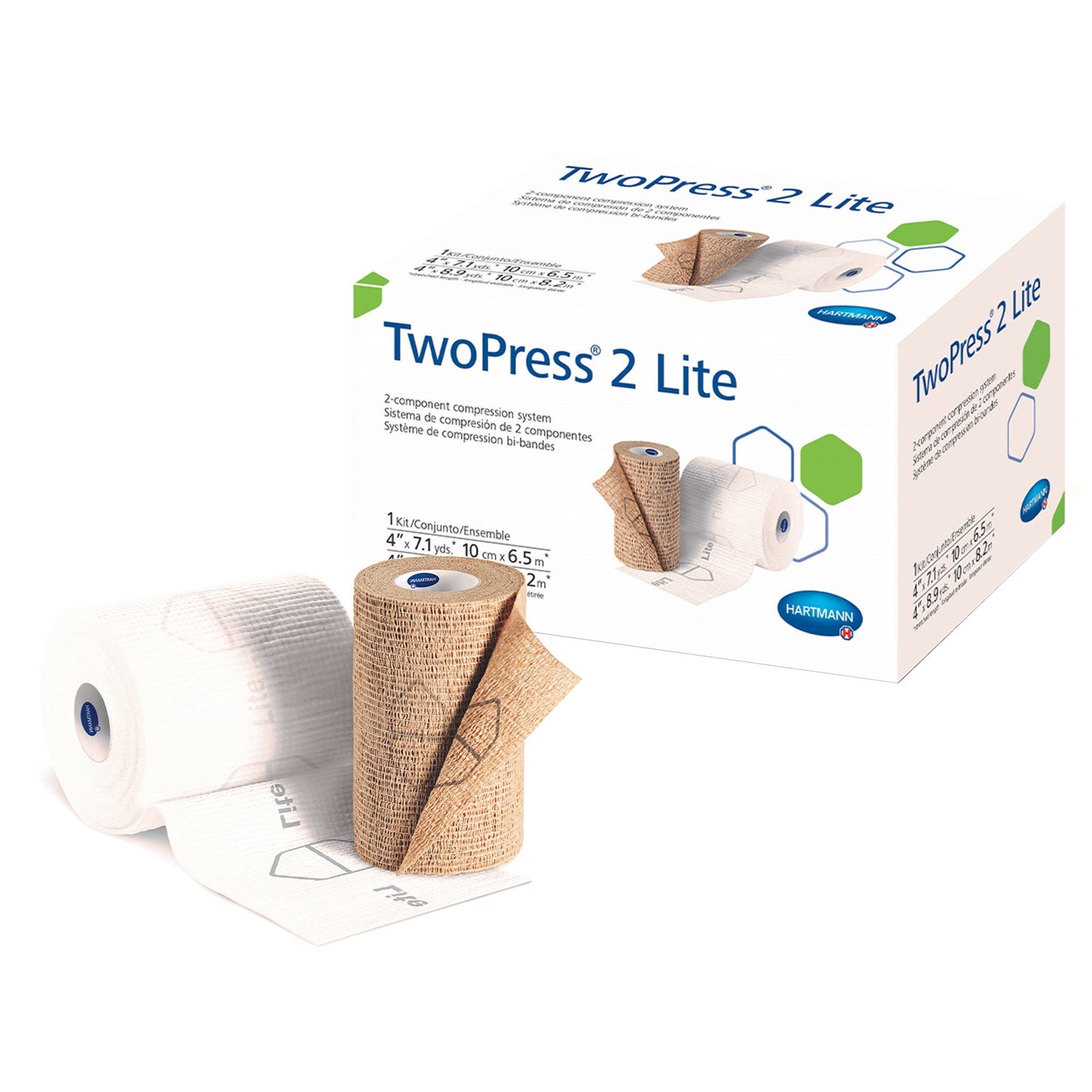 2 Layer Compression Bandage System with Visible Indicators TwoPress® 2 Lite 4 Inch X 7.1 Yard / 4 Inch X 8.9 Yard Self-Adherent Closure Tan / White NonSterile Standard Compression