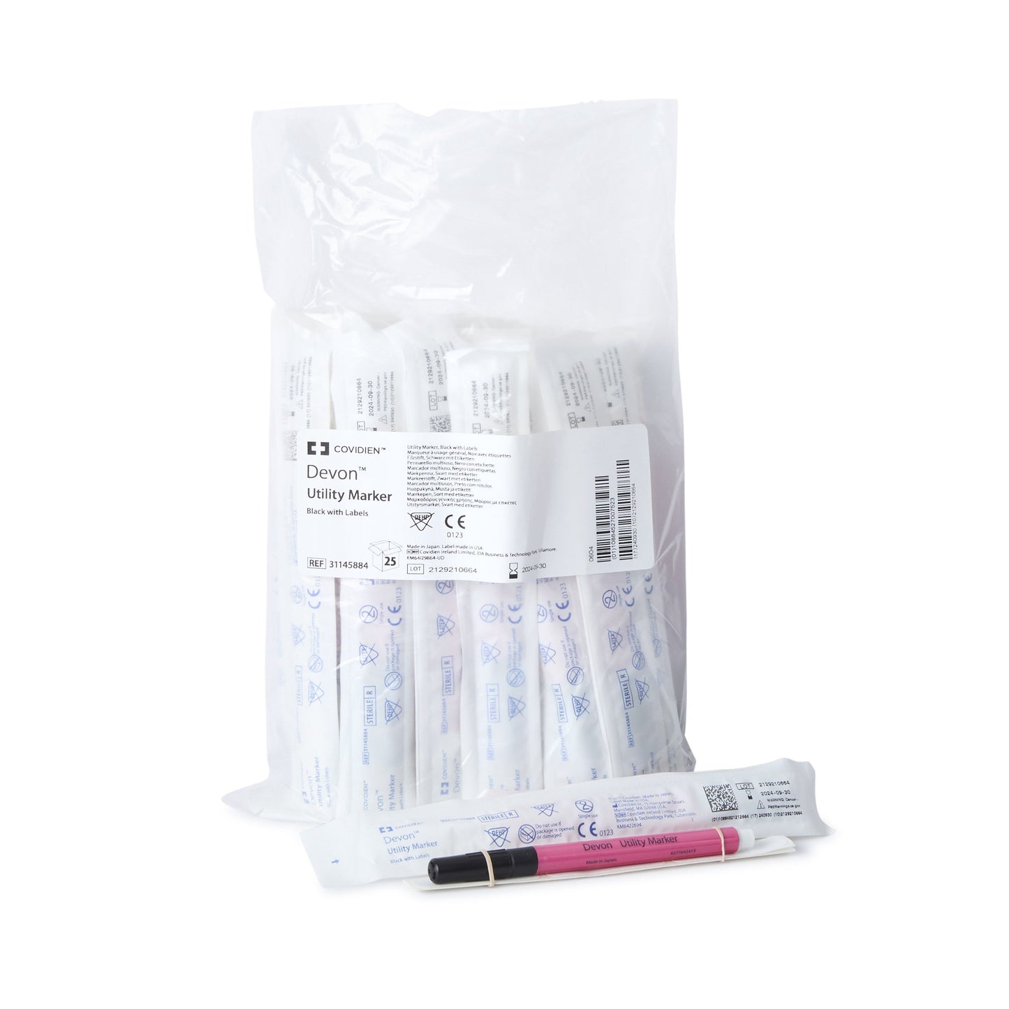 Medical Utility Marker with Labels Devon™ Permanent Black Ink Sterile Full Size Fine Tip