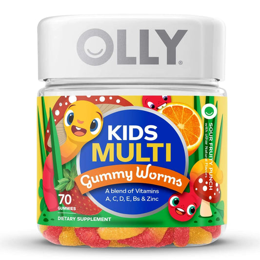 Dietary Supplement OLLY® Kids Multi Gummy Worms Vitamin A / B6 / B12 / C / D / E / Zinc 150 mcg - 0.5 mg - 1.2 mcg - 15 mg - 10 mcg - 3.75 mg - 0.75 mg Strength Gummy 70 per Bottle Sour Fruity Punch Flavor