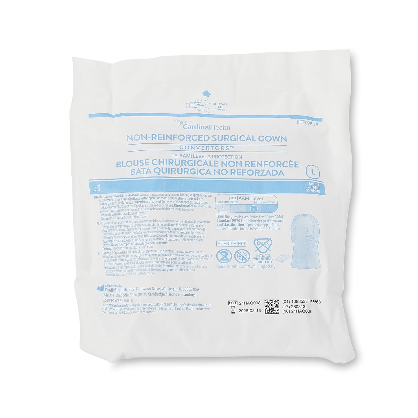 Non-Reinforced Surgical Gown with Towel Astound® Large Blue Sterile AAMI Level 3 Disposable
