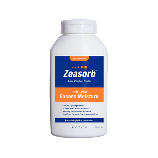 Antifungal Zeasorb® Excess Moisture 2.5 oz. Herbal Tea Scent Shaker Bottle Zea Mays (Corn) Starch, Tricalcium Phosphate, Maranta Arundinacea Root Extract, Tapioca Starch, Calamine, Water, Fragrance, Sodium Benzoate, Potassium Sorbate