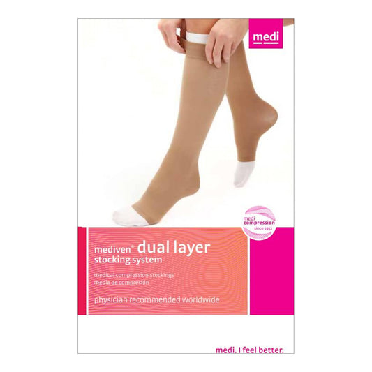 Compression Stocking with Liner mediven Knee High 2X-Large Beige Stocking: Open Toe, Liner: Closed Toe