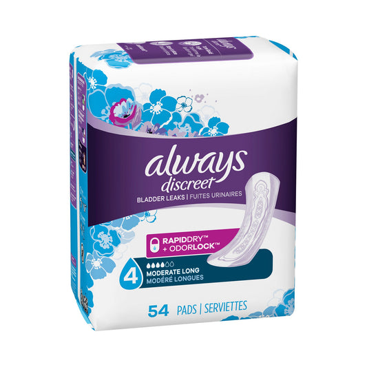 Bladder Control Pad Always® Discreet 13-1/2 Inch Length Moderate Absorbency Absorbent Gel Core One Size Fits Most