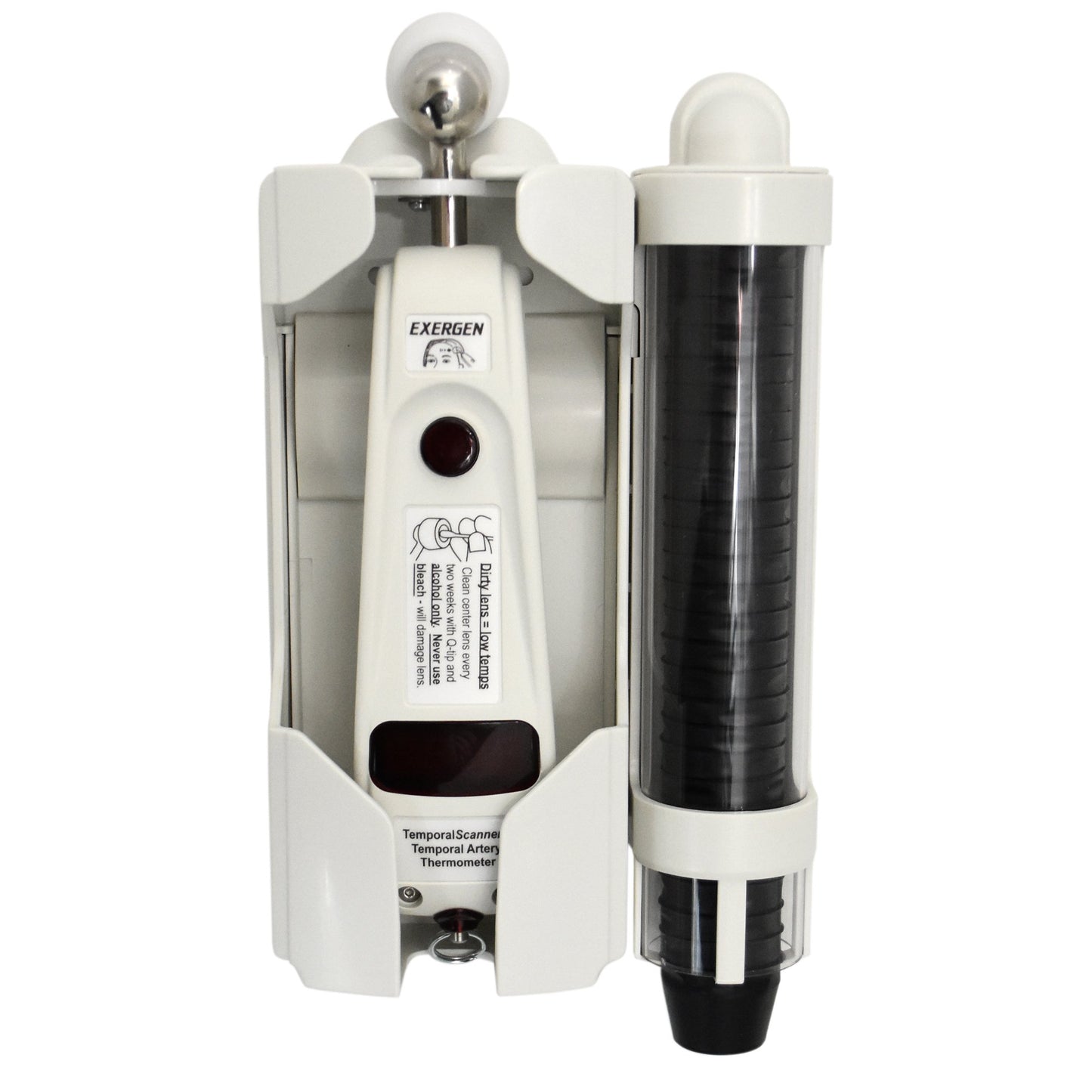 Keyless Locking Wall Mount Exergen® Holder plus integrated cap dispenser shown with caps For TAT-5000 Temporal Thermometer and Caps
