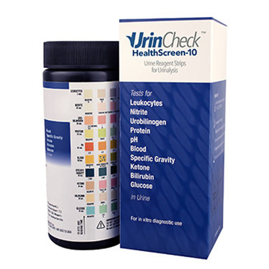 Urinalysis Test Kit UrinCheck™ HealthScreen-10 Bilirubin, Blood, Glucose, Ketone, Leukocytes, Nitrite, pH, Protein, Specific Gravity, Urobilinogen 100 Tests CLIA Waived