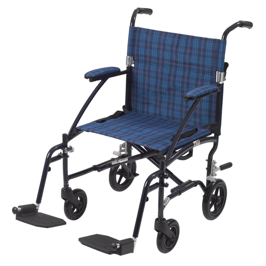 Transport Chair drive™ Fly-Lite 19 Inch Seat Width Desk Length Arm Swing-Away Footrest Aluminum Frame with Blue Finish