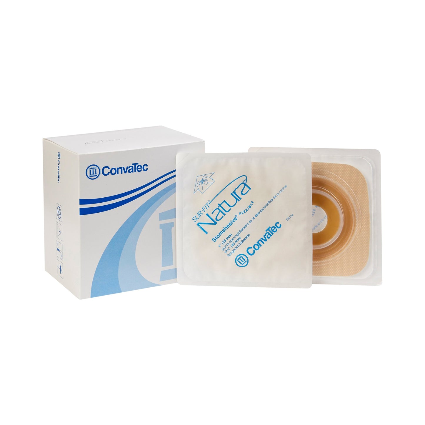 Ostomy Barrier Sur-Fit Natura® Precut, Standard Wear Stomahesive® Adhesive 45 mm Flange Sur-Fit® Natura® System Hydrocolloid 1 Inch Opening 4 X 4 Inch