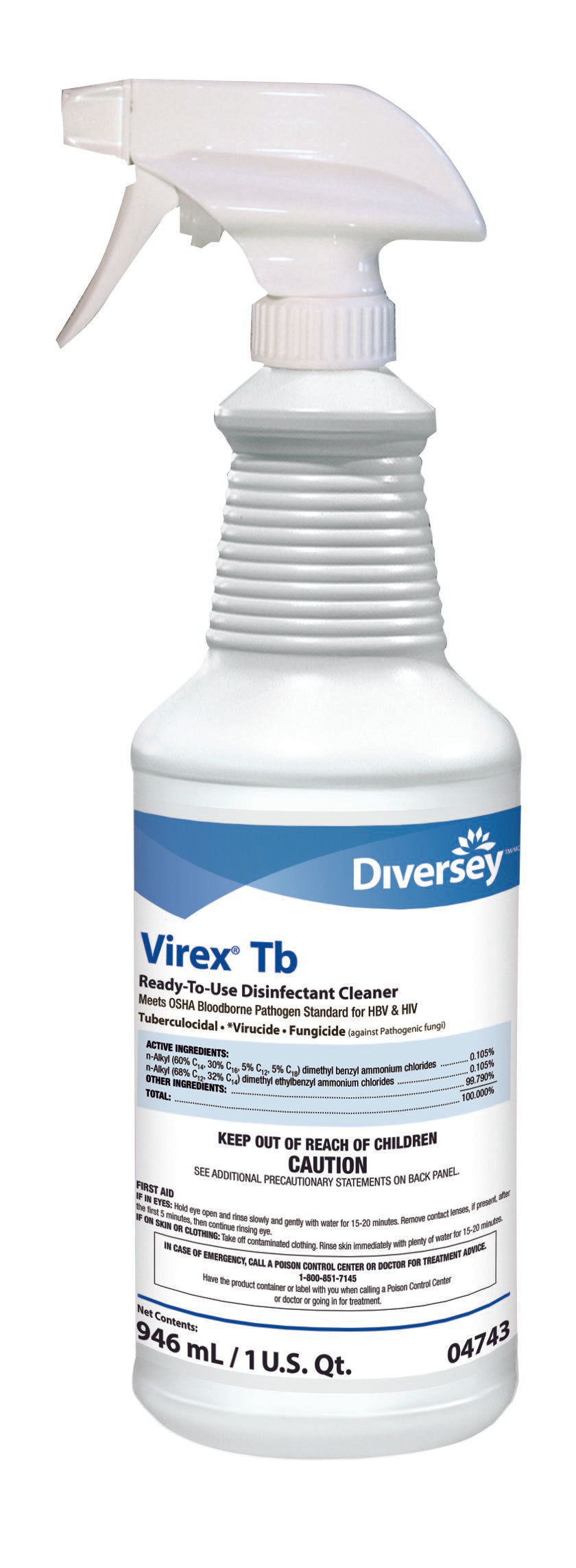 Surface Disinfectant Cleaner Diversey™ Virex® Tb Quaternary Based Trigger Spray Liquid 32 oz. Bottle Lemon Scent NonSterile