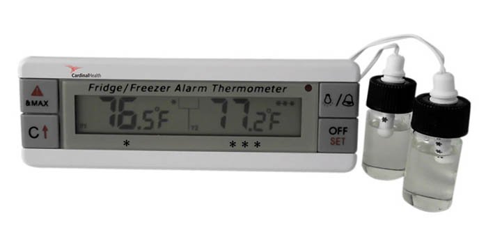 Digital Refrigerator / Freezer Thermometer with Alarm Cardinal Health™ Fahrenheit / Celsius -40° to +158°F (-40° to +70°C) 2 Bottle Probes Flip-out Stand / Wall Mount Battery Operated