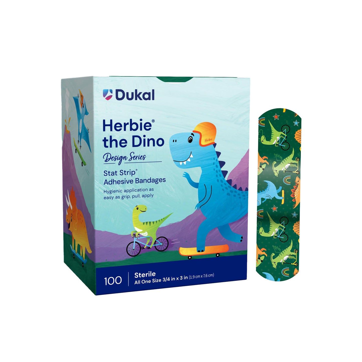Adhesive Strip Stat Strip® Plastic Kid Design (Herbie the Dinosaur) 3/4 X 3 Inch Sterile