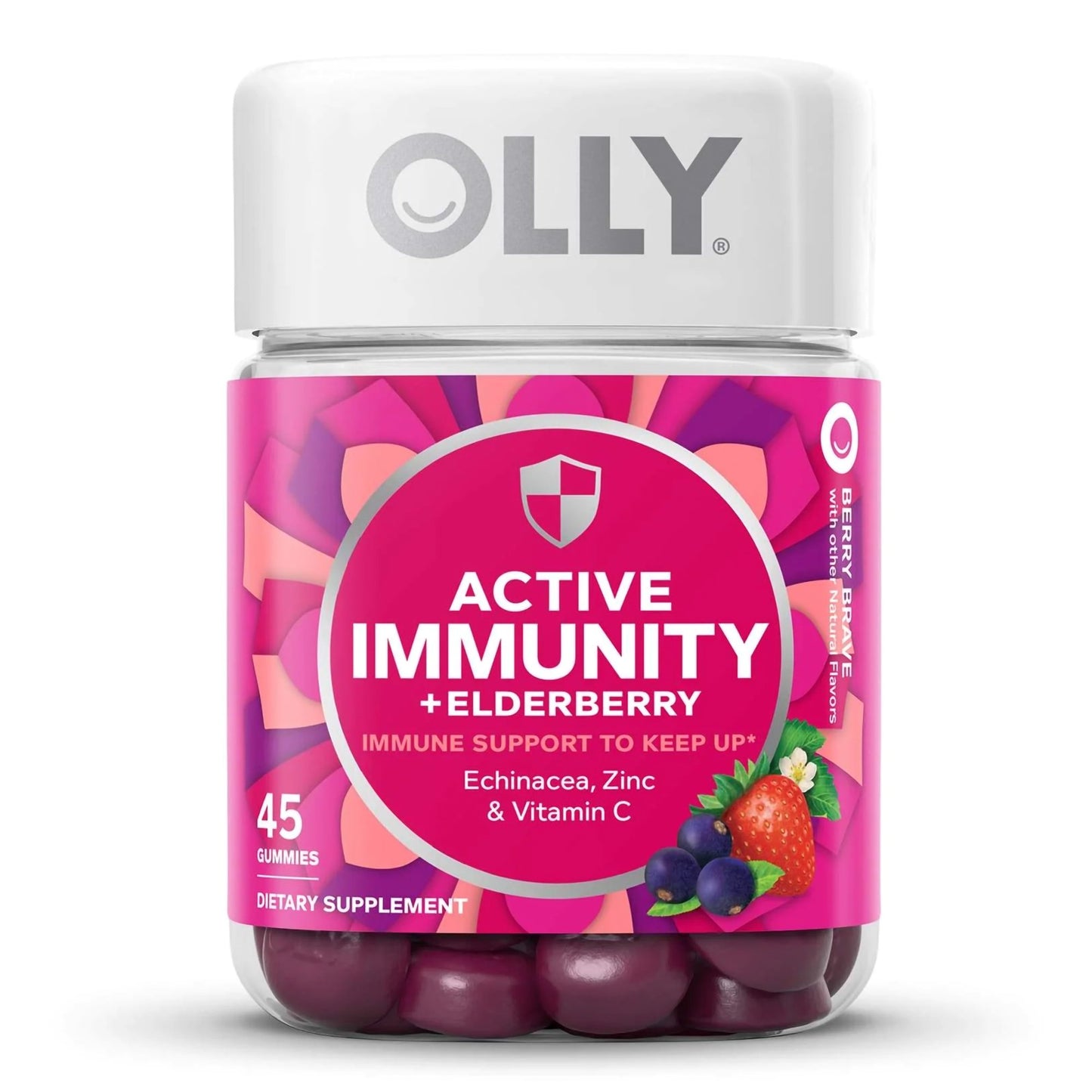 Dietary Supplement OLLY® Active Immunity+Elderberry Echinacea / Black Elderberry Extract / Zinc / Vitamin C 40 mg - 65 mg - 5 mg - 180 mg Strength Gummy 45 per Bottle Berry Brave Flavor