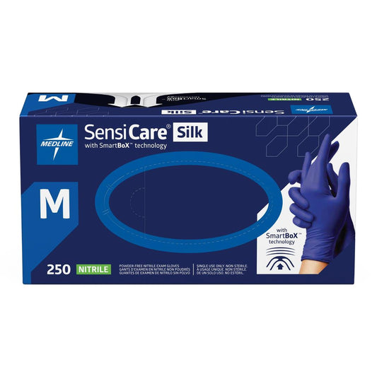 Exam Glove SensiCare® Silk Medium NonSterile Nitrile Standard Cuff Length Textured Fingertips Dark Blue Chemo Tested