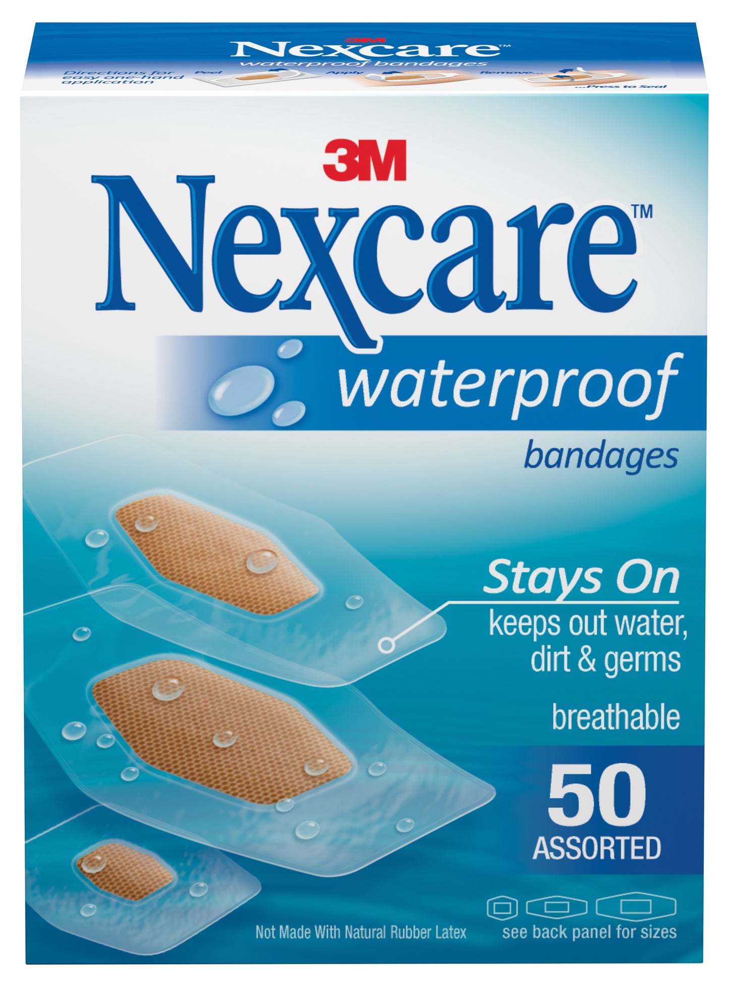 Waterproof Adhesive Strip Nexcare™ Waterproof Plastic / Film Clear / Tan 7/8 X 1-1/16 Inch / 1-1/4 X 2-1/2 Inch / 1-1/16 X 2-1/4 Inch Sterile