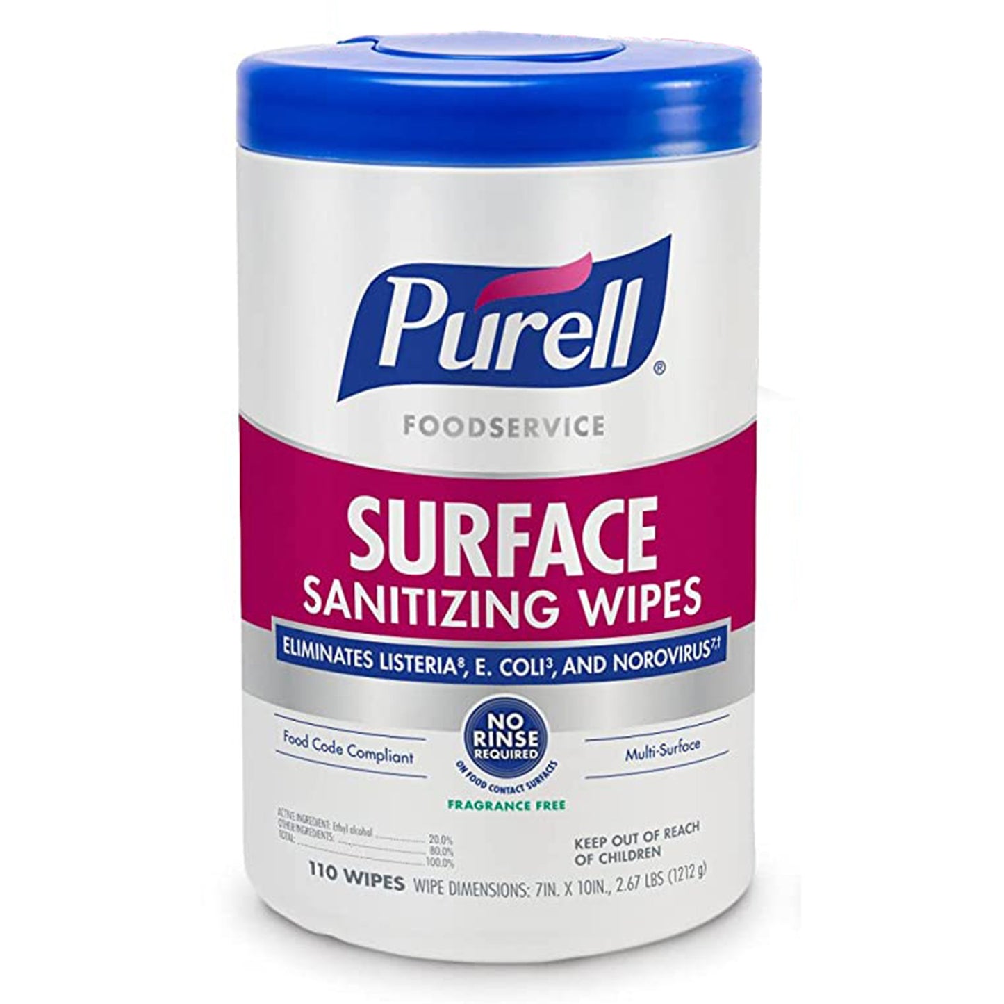 Surface Disinfectant / Sanitizer Purell® Food Service Manual Pull Wipe 110 Count Canister Unscented NonSterile
