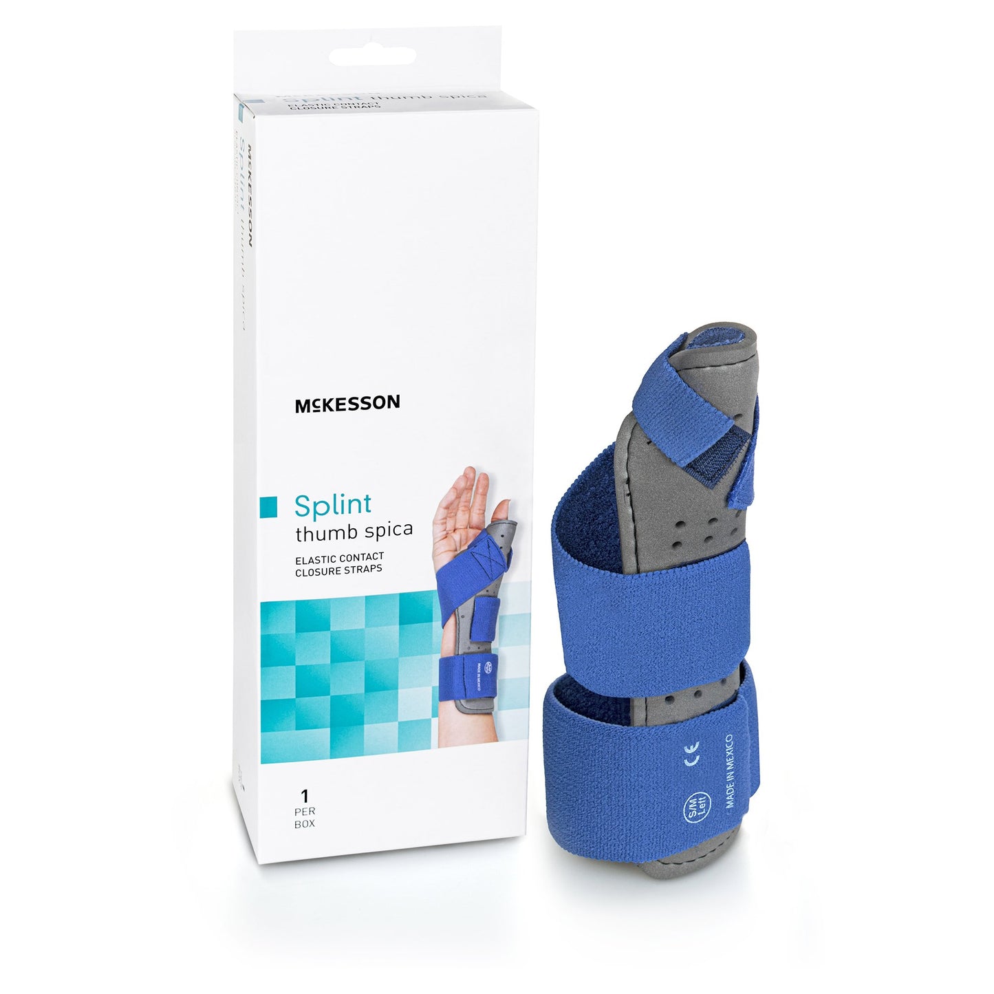 Wrist Brace with Thumb Spica McKesson Palmar Pad Aluminium / Foam / Nylon / Plastic / Polyester Left Hand Blue / Gray Large / X-Large