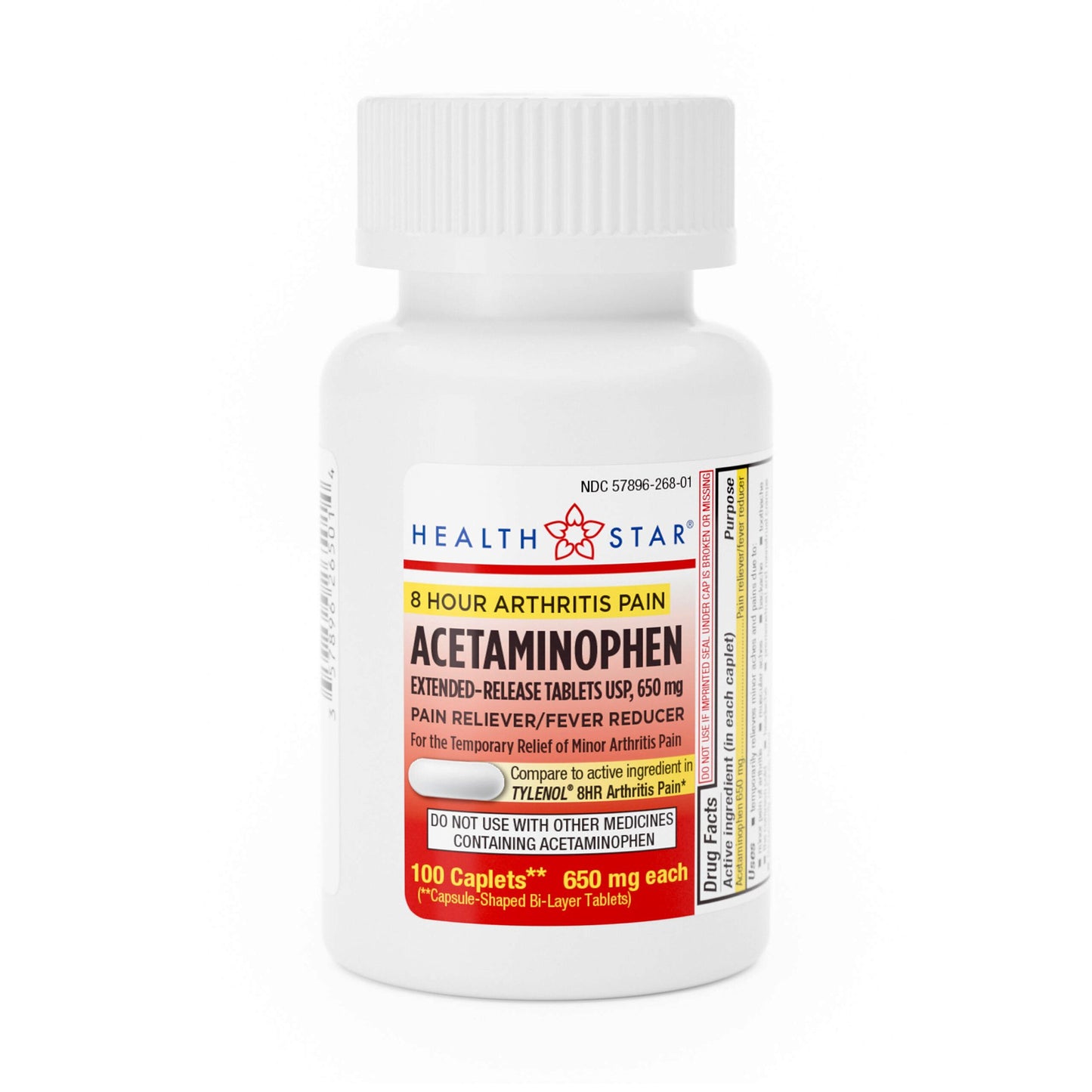 Pain Relief HEALTHSTAR® 650 mg Strength Acetaminophen Tablet 100 per Bottle
