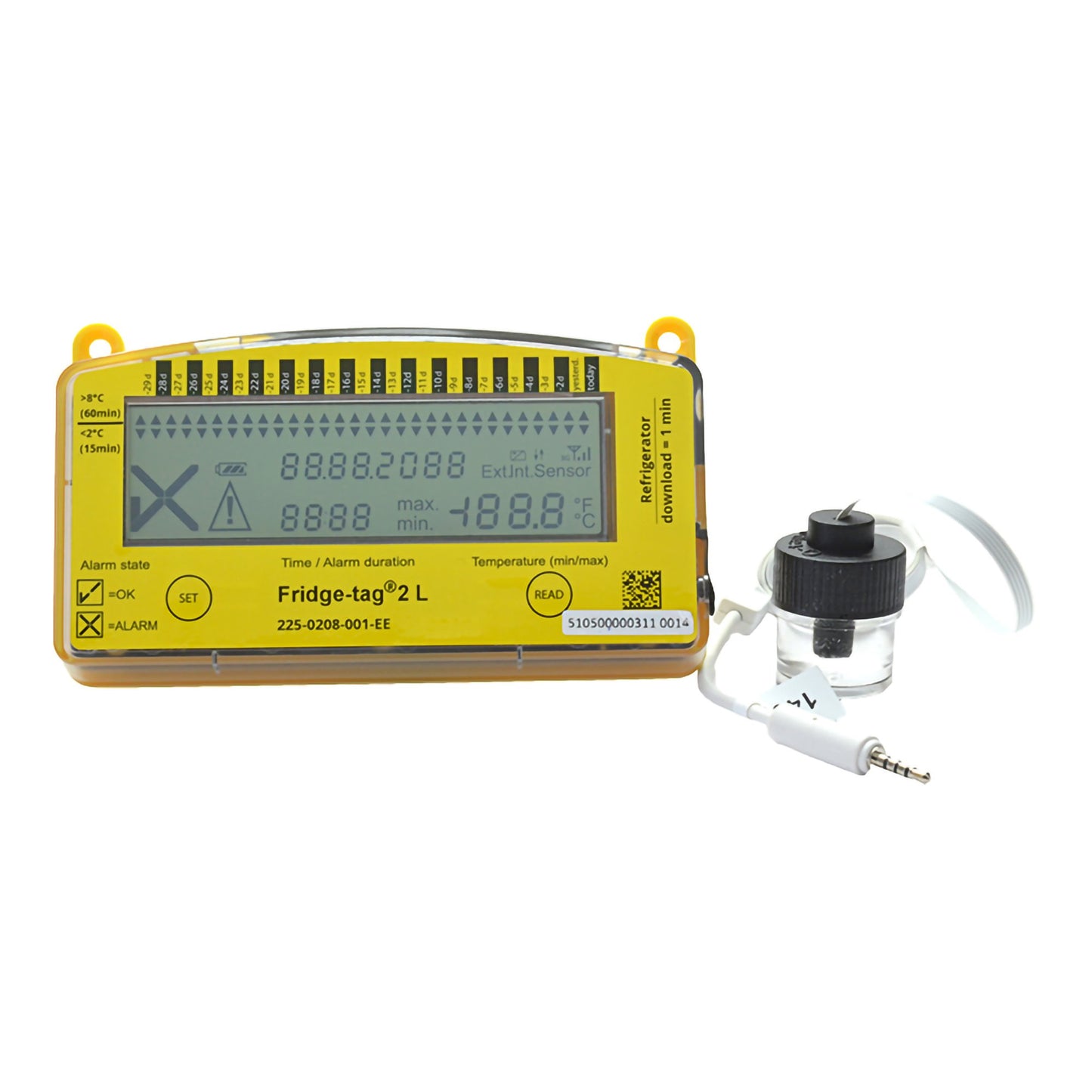 Refrigerator Vaccine Data Logger with Alarm Fridge-tag® 2L Fahrenheit / Celsius -22° to +131°F (-30° to +55°C) Glycol Bottle Probe Battery Operated