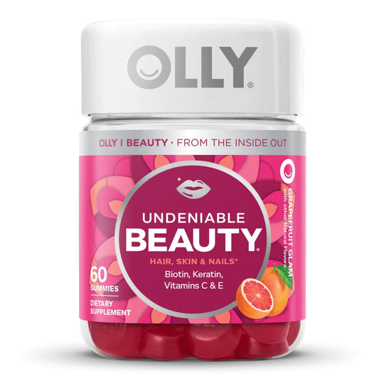 Dietary Supplement OLLY® Undeniable Beauty® Biotin / Vitamin C / Vitamin E / Keratin 2,500 mcg - 15 mg - 7.5 mg - 50 mg Strength Gummy 60 per Bottle Grapefruit Glam Flavor