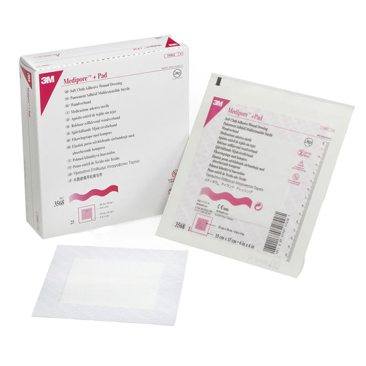 Adhesive Dressing 3M™ Medipore™ 6 X 6 Inch Soft Cloth Square White Sterile