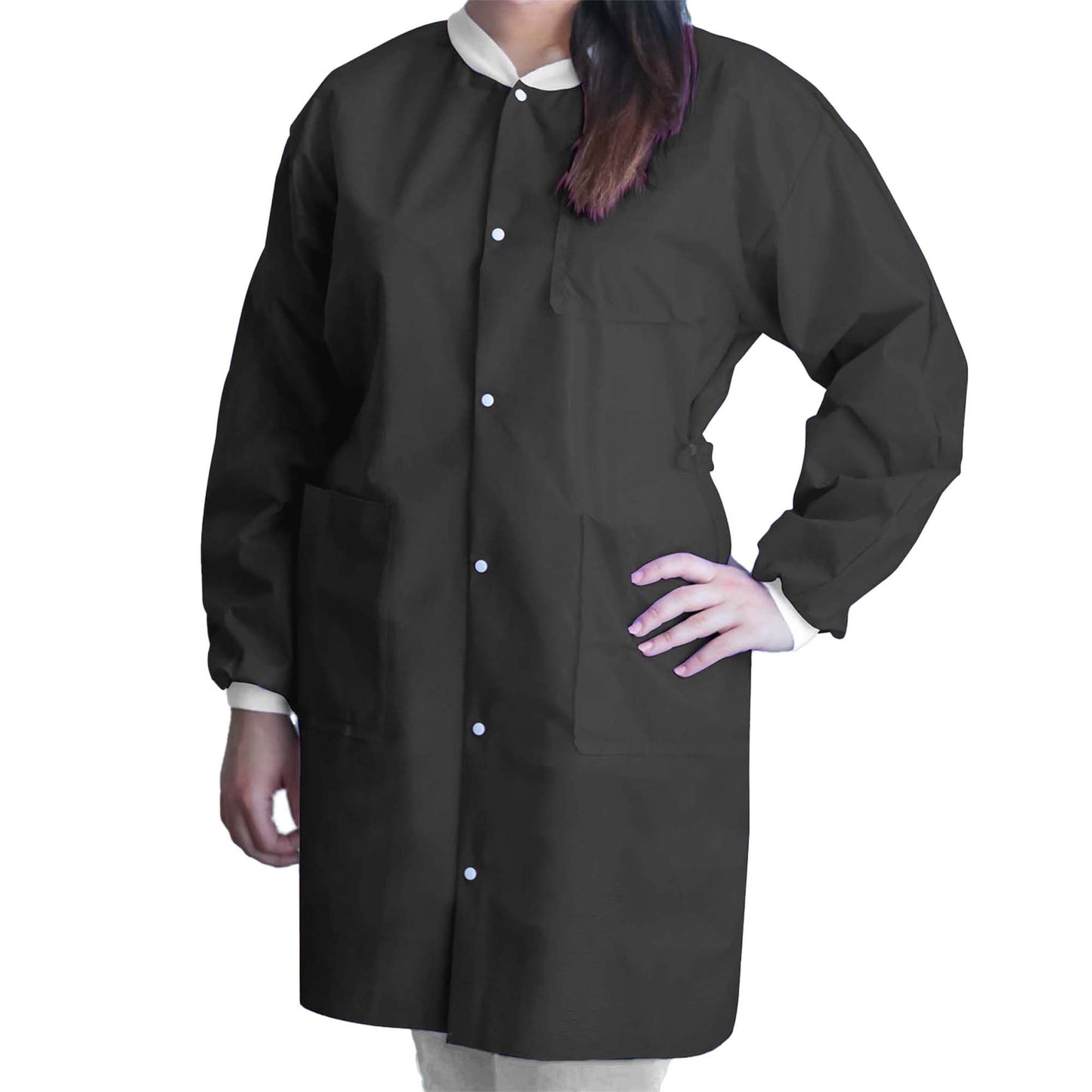 Lab Coat FitMe™ Black Large Knee Length 3-Layer SMS Disposable
