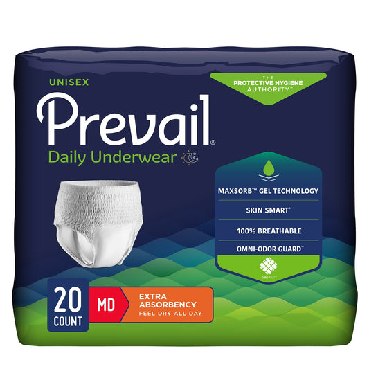Unisex Adult Absorbent Underwear Prevail® Daily Underwear Extra Pull On with Tear Away Seams Medium Disposable Moderate Absorbency