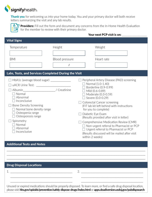 Check List Form Signify Health® PCP Screening 8 X11 Inch