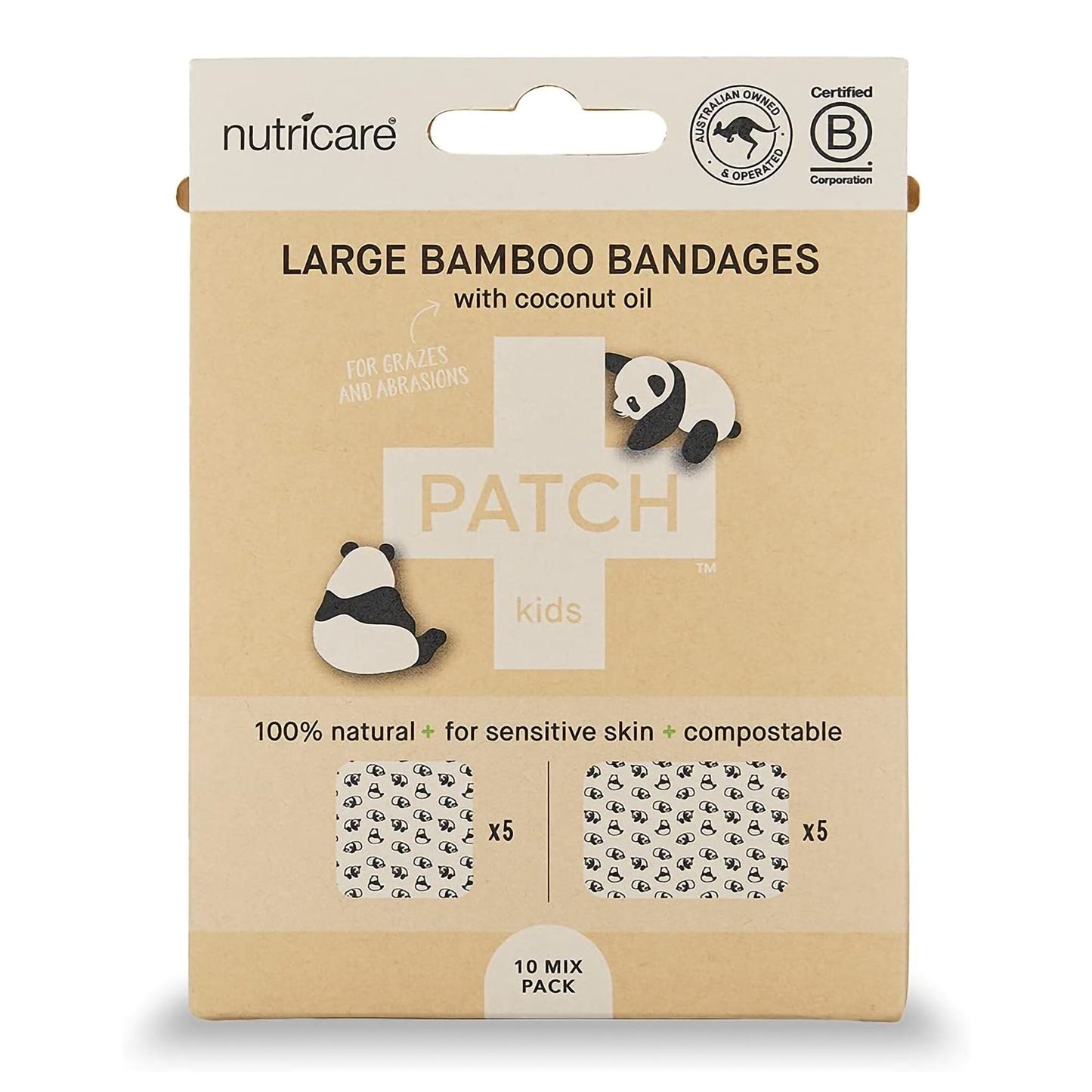 Adhesive Strip Patch™ Kids Bamboo / Coconut Oil Kid Design (Pandas) 2 X 3 Inch / 3 X 3 Inch Sterile