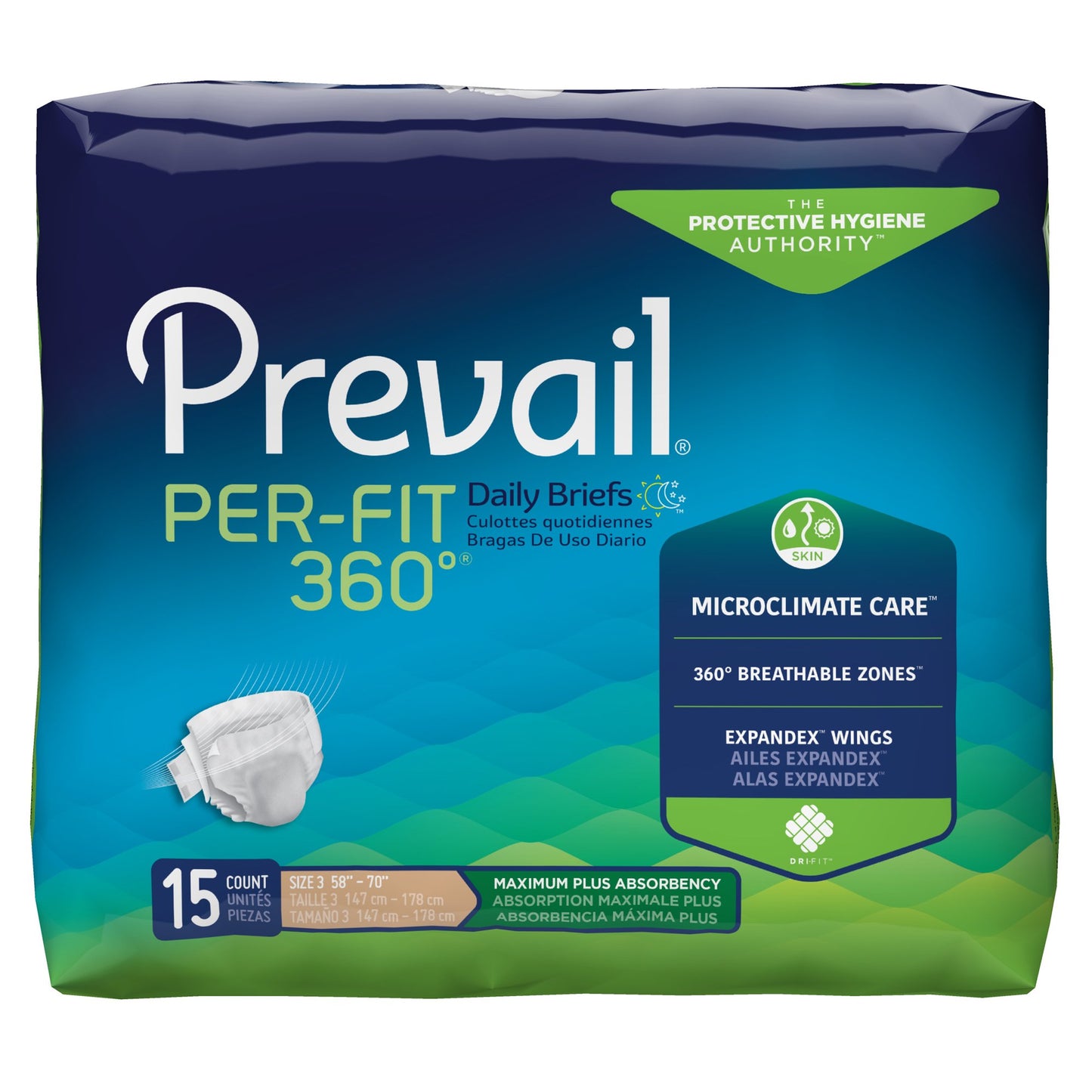 Unisex Adult Incontinence Brief Prevail® Per-Fit 360°™ Size 3 Disposable Heavy Absorbency