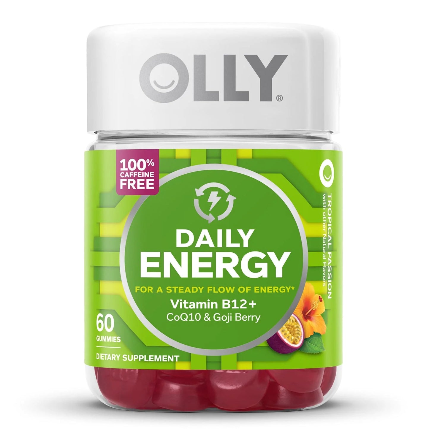 Dietary Supplement OLLY® Daily Energy Vitamin B12 / CoQ10 / Goji Berry 300 mcg - 30 mg - 100 mg Strength Gummy 60 per Bottle Tropical Passion Flavor