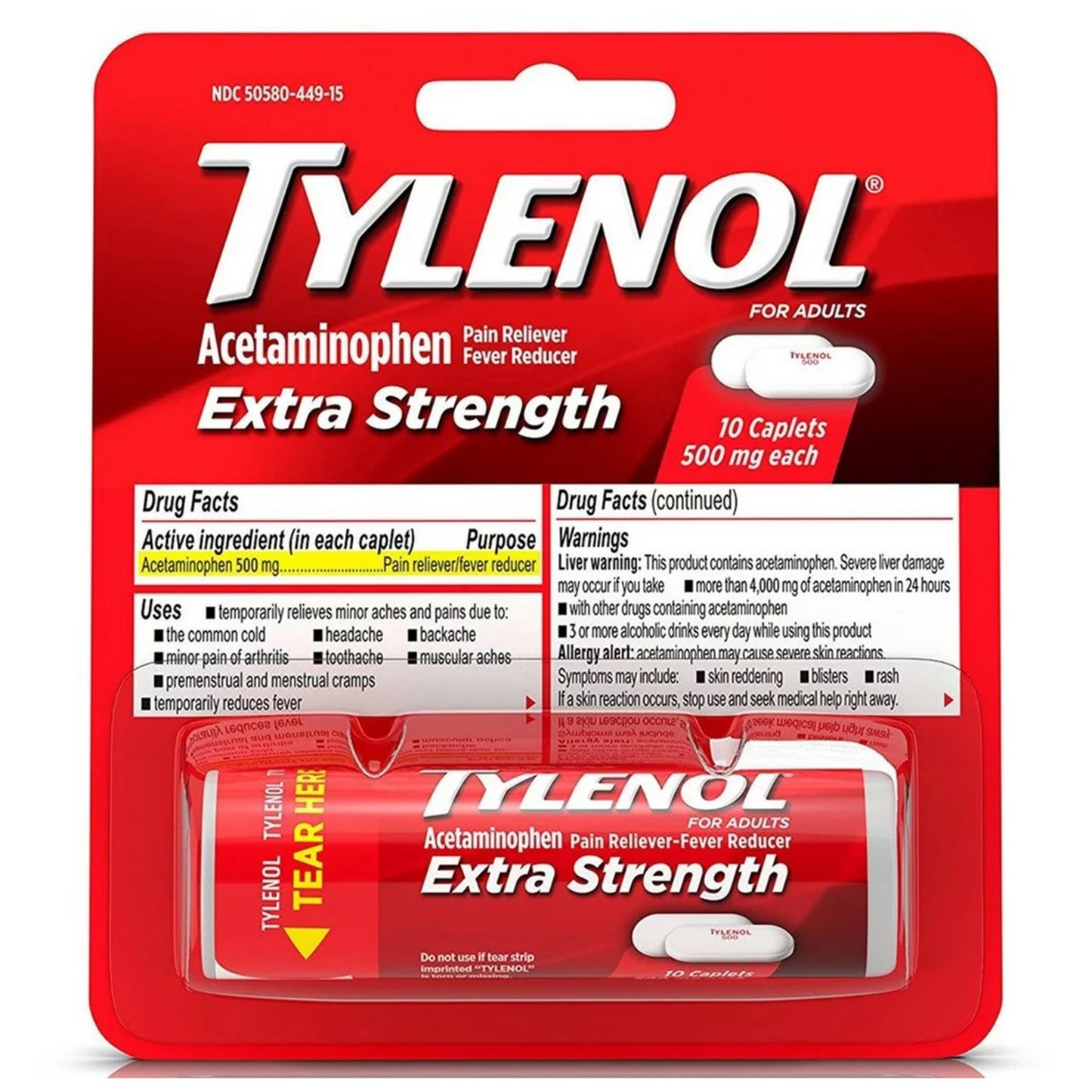 Pain Relief Tylenol® Extra Strength 500 mg Strength Acetaminophen Caplet 10 per Bottle