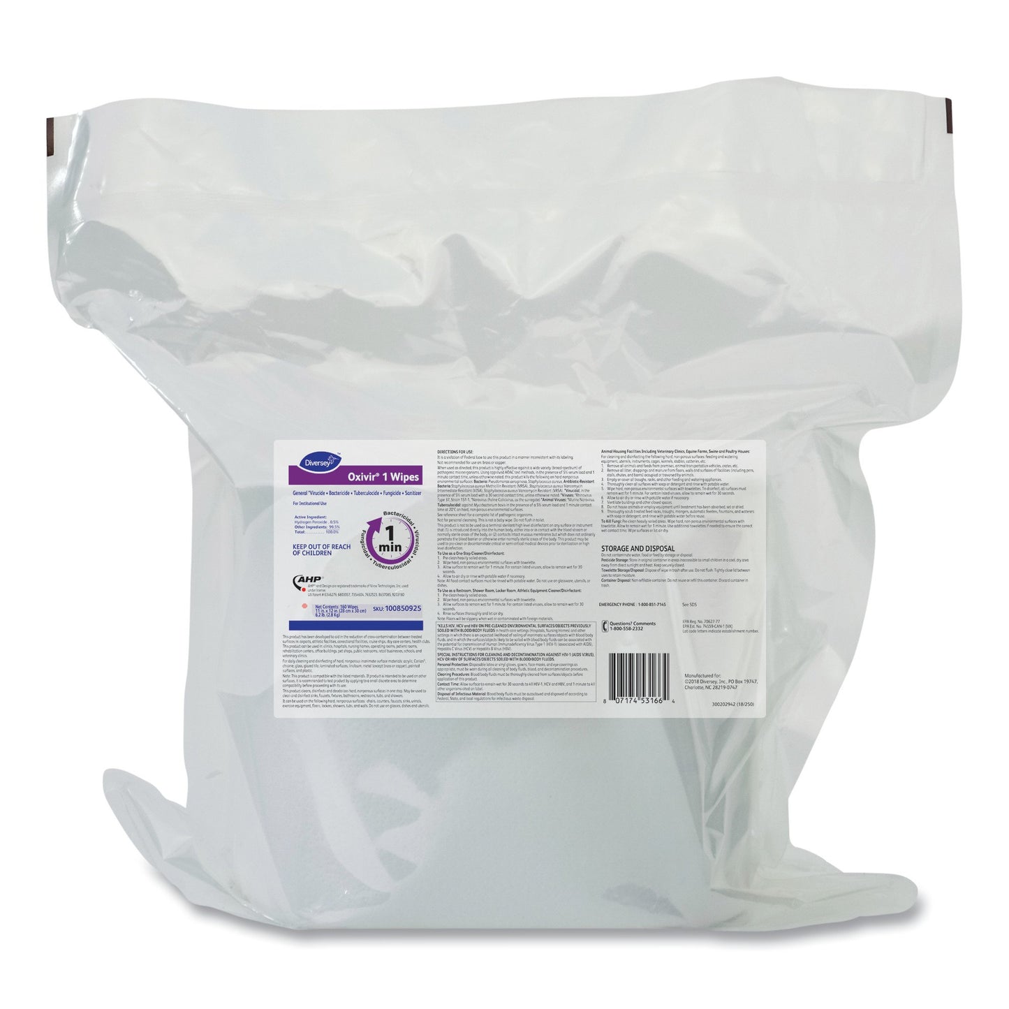 Surface Disinfectant Cleaner Refill Diversey™ Oxivir® 1 Premoistened Hydrogen Peroxide Based Manual Pull Wipe 160 Count Soft Pack Scented NonSterile