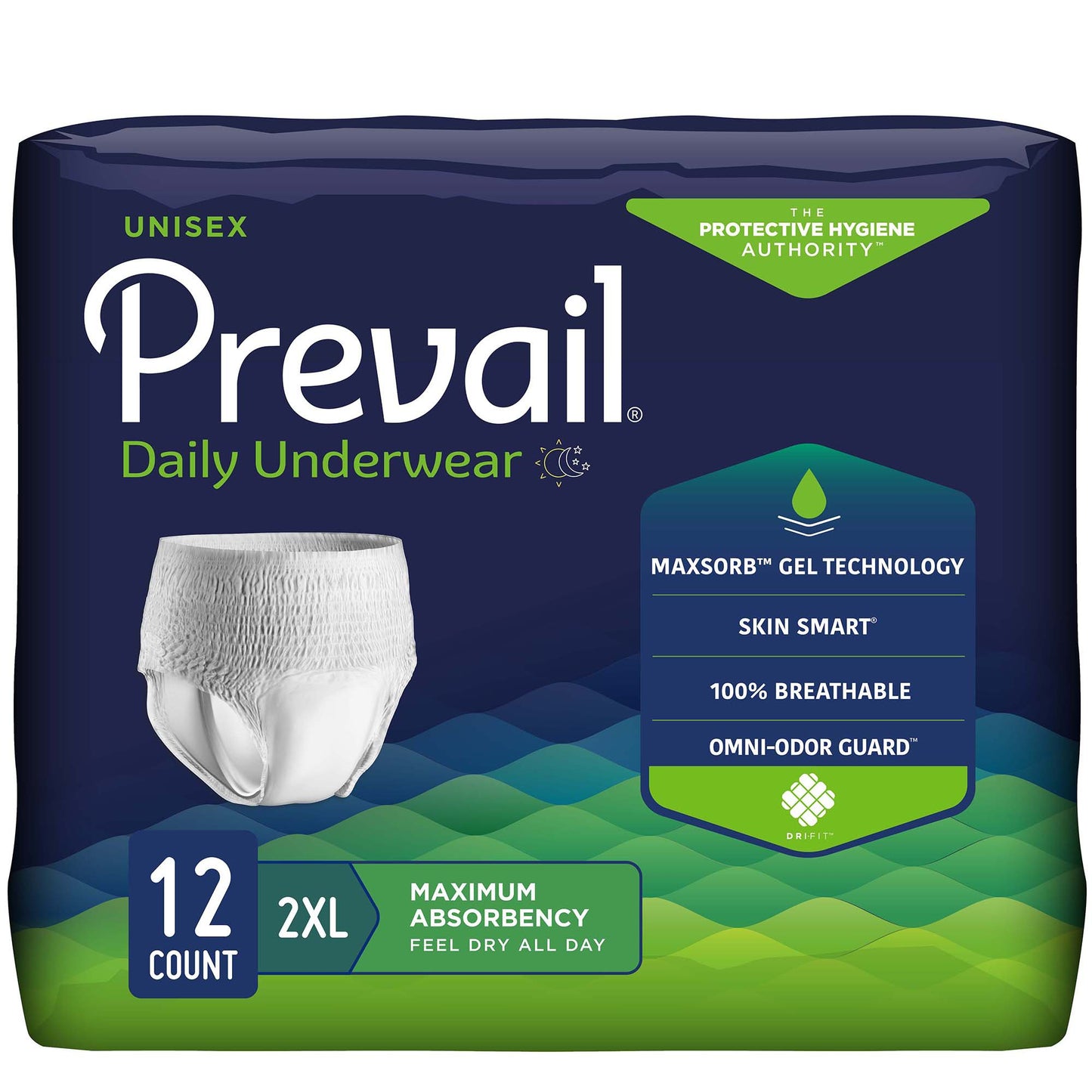 Unisex Adult Absorbent Underwear Prevail® Daily Underwear Extra Pull On with Tear Away Seams 2X-Large Disposable Moderate Absorbency