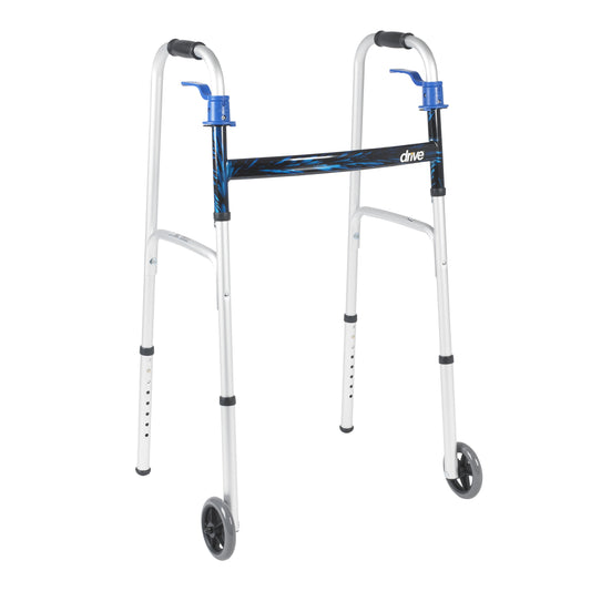 Dual Trigger Release Folding Walker with Wheels Adjustable Height drive™ Aluminum Frame 350 lbs. Weight Capacity 32 to 39 Inch Height