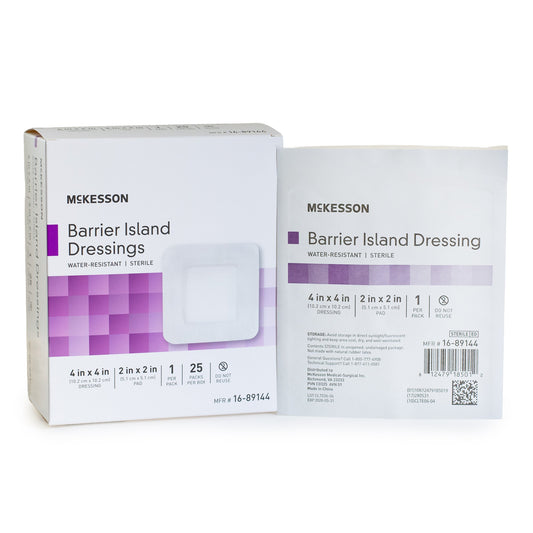 Barrier Island Composite Dressing McKesson 4 X 4 Inch Square Sterile Water Resistant Film Backing