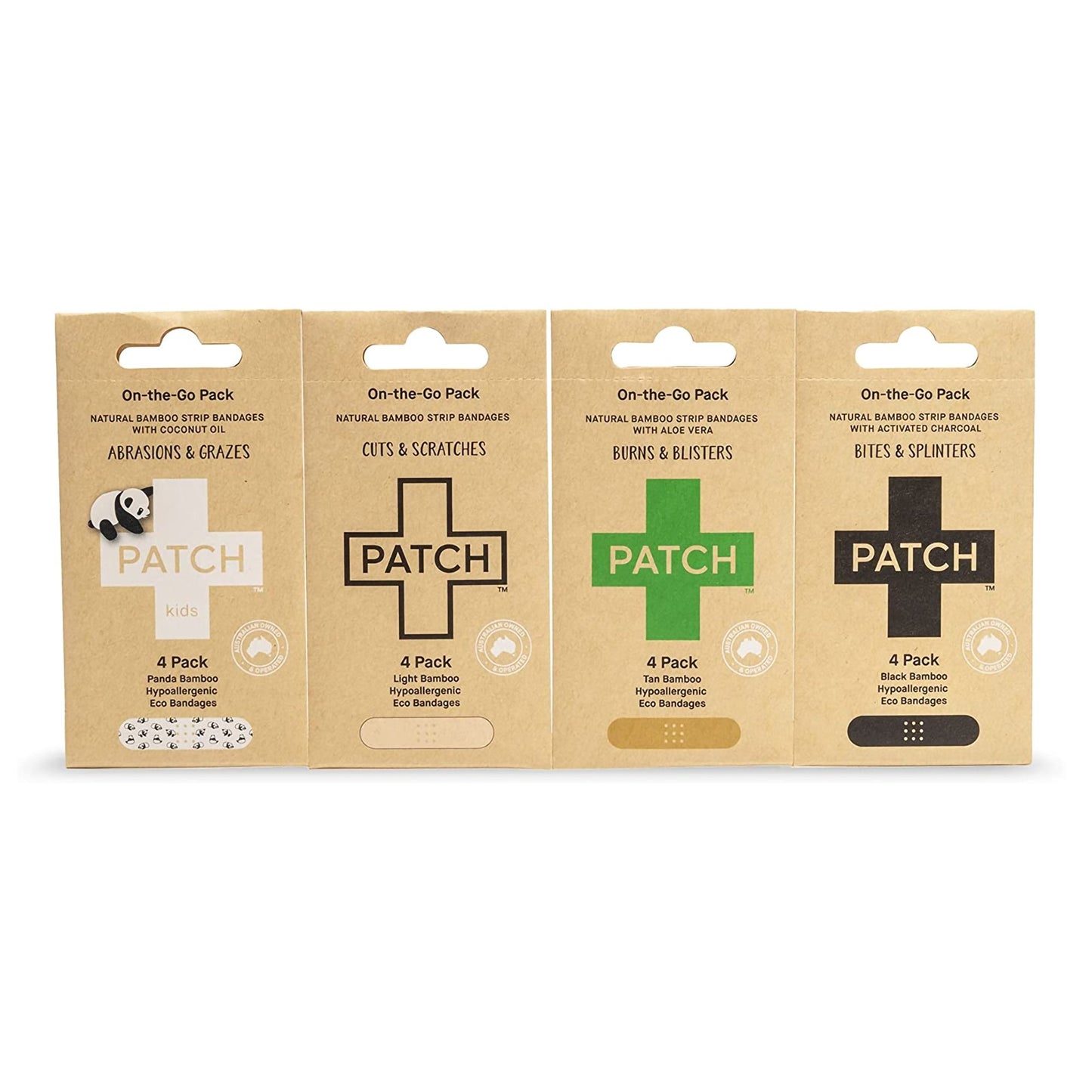 Adhesive Strip Patch™ On The Go Sample Pack Bamboo / Activated Charcoal / Coconut Oil / Aloe Vera Tan 3/4 X 3 Inch Sterile