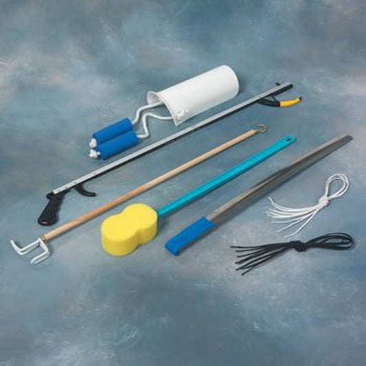 ADL Hip / Knee Equipment Kit SammonsPreston® Reacher - 26 Inch Length / Shoehorn - 24 Inch Length / Dressing Stick - 26 Inch Length / Handled Bath Sponge - 22-1/2 Inch Length / Shoelaces - 26 Inch Length