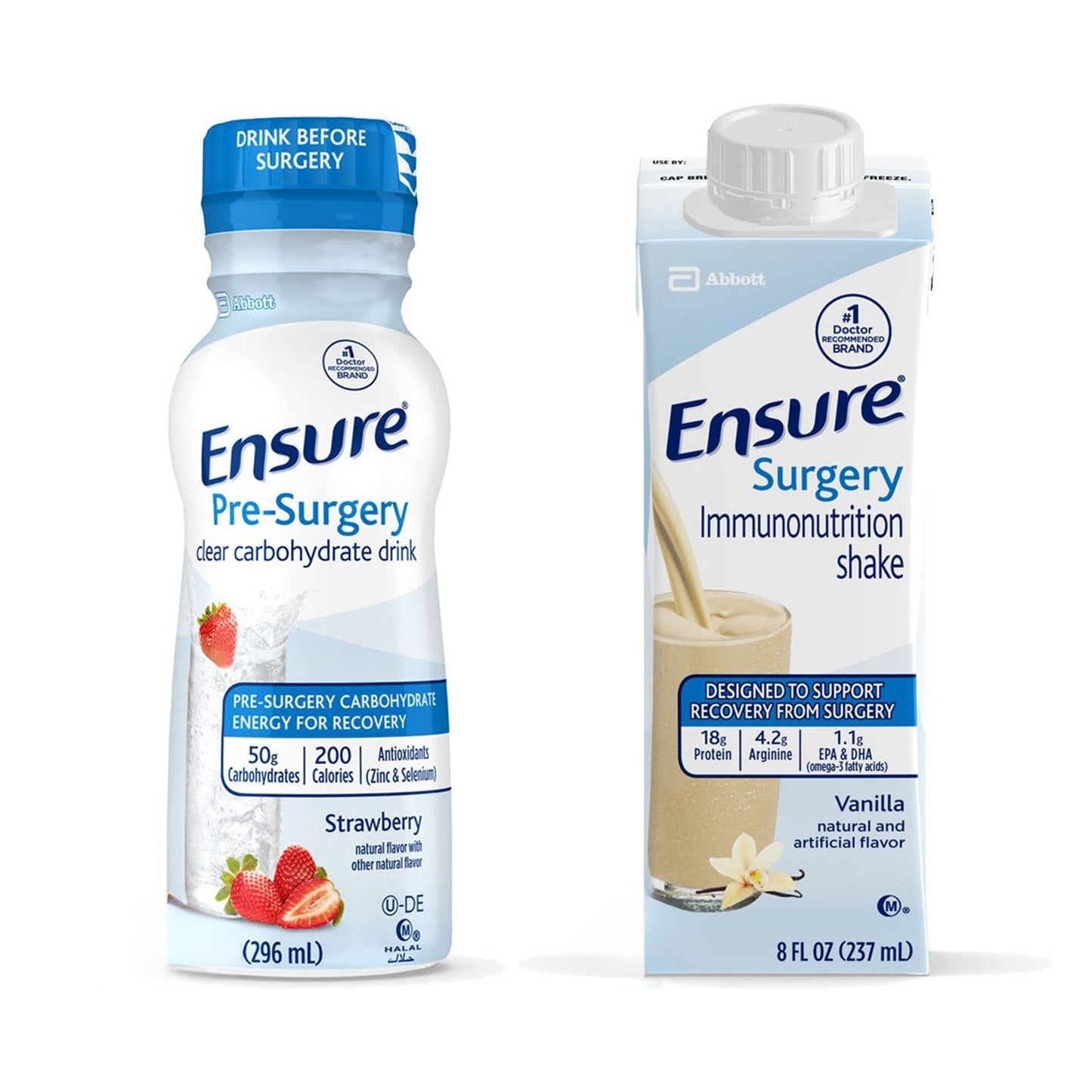 Oral Supplement Ensure® Pre-Surgery Clear Carbohydrate Drink / Ensure® Surgery Immunonutrition Shake Strawberry / Vanilla Flavor Liquid 8 oz. / 10 oz. Bottle / Carton