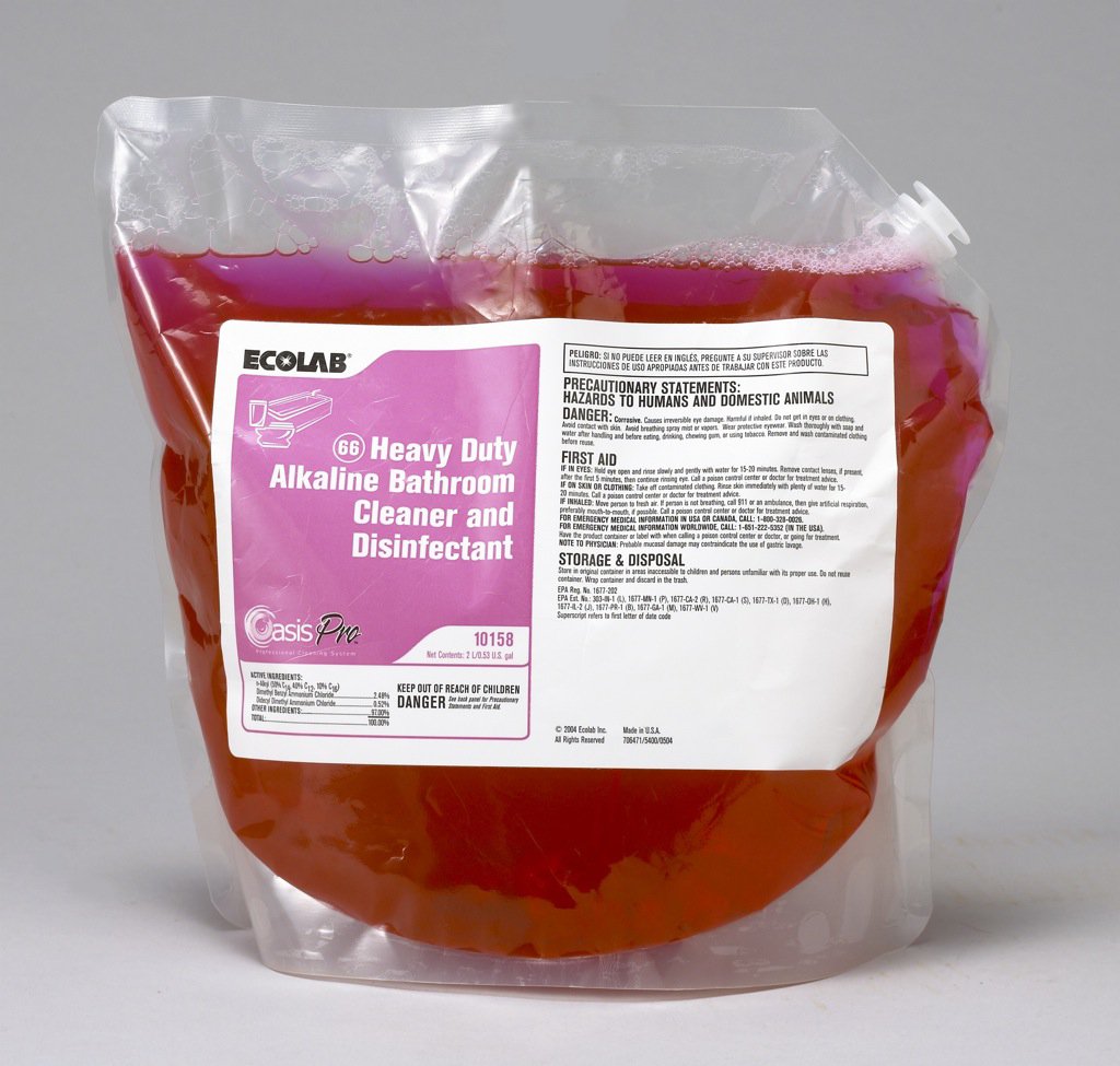 Surface Disinfectant Cleaner Ecolab® 66 Heavy Duty Alkaline Bathroom Alkaline Based Manual Pour Liquid Concentrate 2 Liter Bag Floral Scent NonSterile