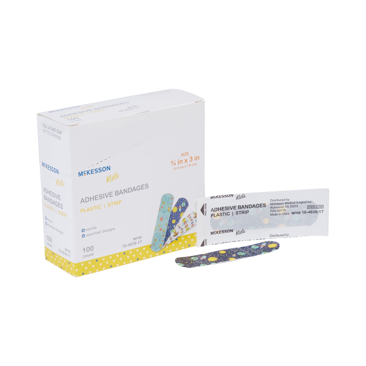 Adhesive Strip McKesson Kids™ Plastic Kid Design (Assorted Prints) 3/4 X 3 Inch Sterile